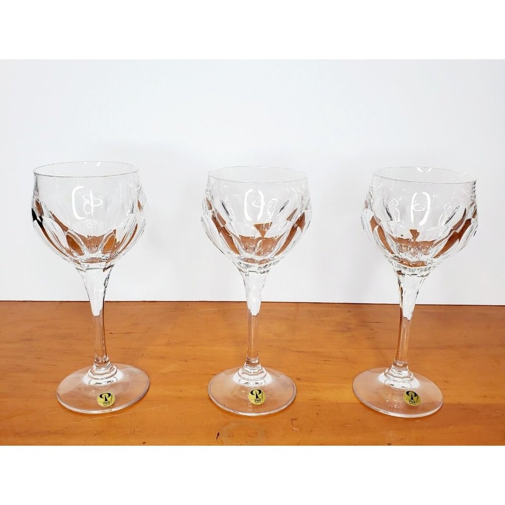 Set of 3 Vintage PEILL German Bleikristall Clear Faceted Crystal Wine Glasses